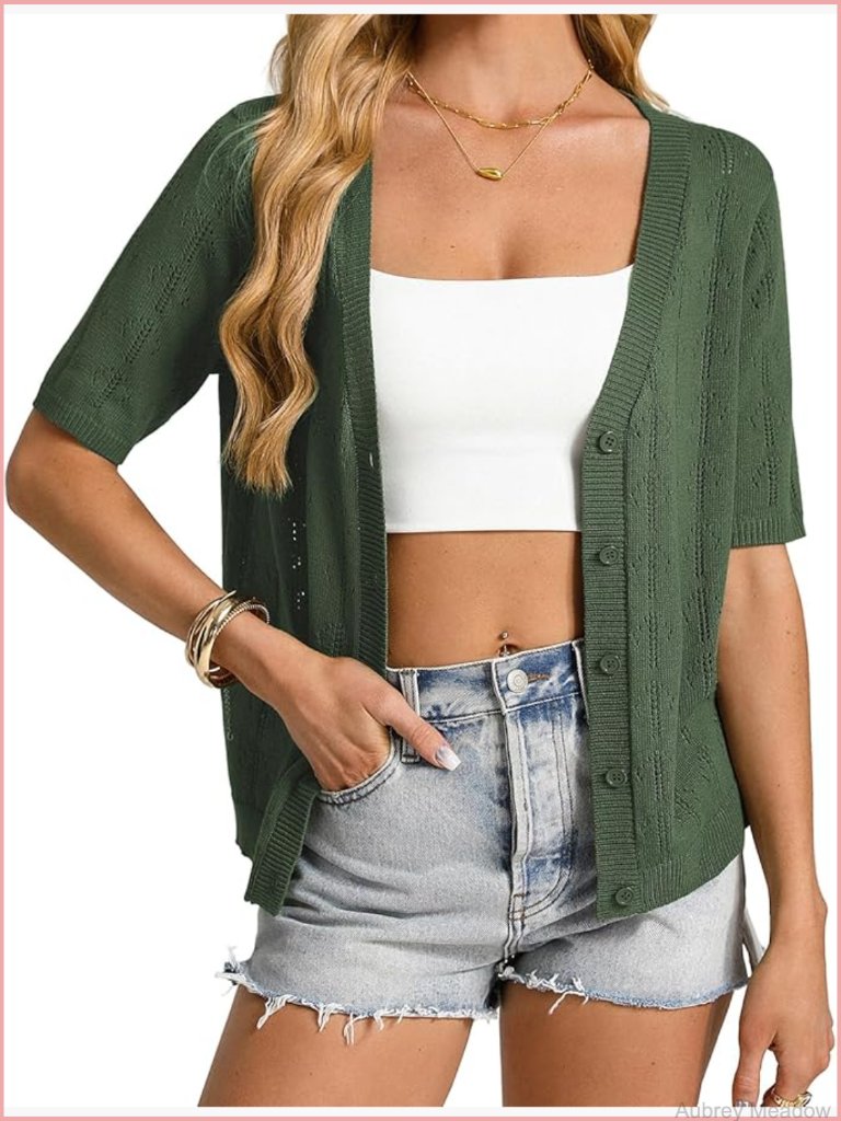 Crochet V-Neck Bolero Shrug Lightweight Knit Cardigan Short Sleeve